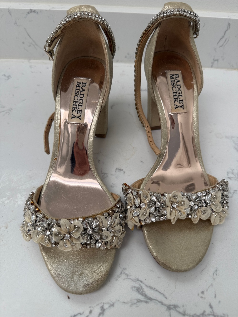 Badgley Mischka Gold Jeweled Floral Open-Toe Block Heels
